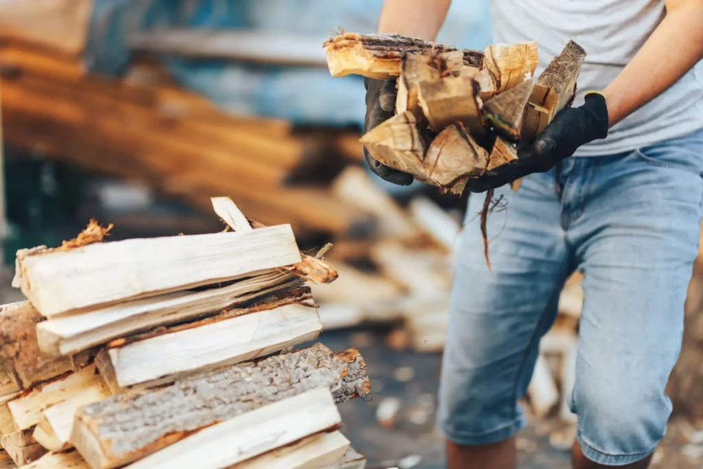 A neatly stacked pile of firewood in a covered woodshed, demonstrating how to store firewood safely to keep it dry and ready for use.