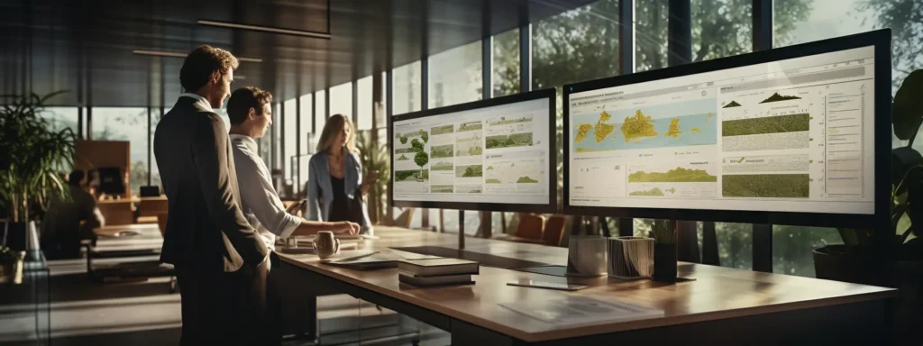 A team standing in a large office looking at two screens at a long desk, learning about the enterprise search definition.