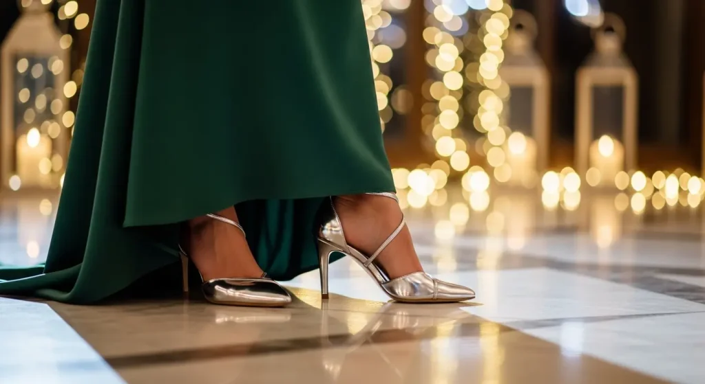 A close-up of a woman's stunning silver metallic strappy heels, paired with an elegant dark green formal dress for a wedding.