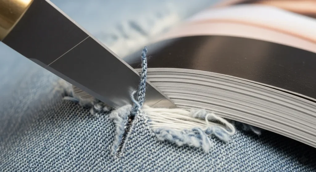 A close-up view of a craft knife making a precise horizontal cut on a pair of blue jeans to begin the ripping process.