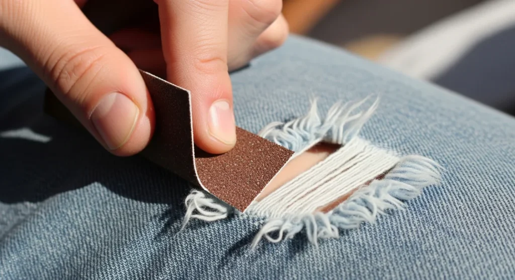 A hand using sandpaper to fray the edges of a rip in a pair of blue jeans for an authentic, worn-in look