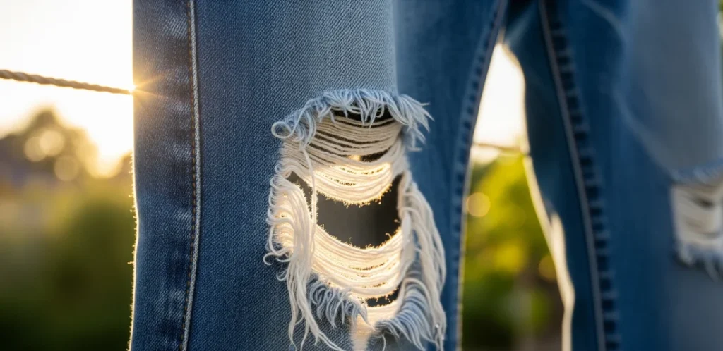 A close-up of the ripped knee on a pair of jeans, hanging on a clothesline after being washed to show the soft, natural fraying