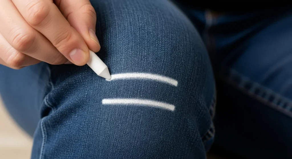 A close-up of a hand using a white chalk pencil to mark horizontal lines on the knee of a pair of jeans before cutting.