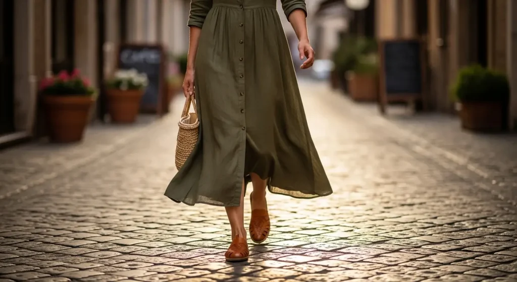 A woman in a casual olive green midi dress walking down a sunny street, paired with stylish tan leather sandals.