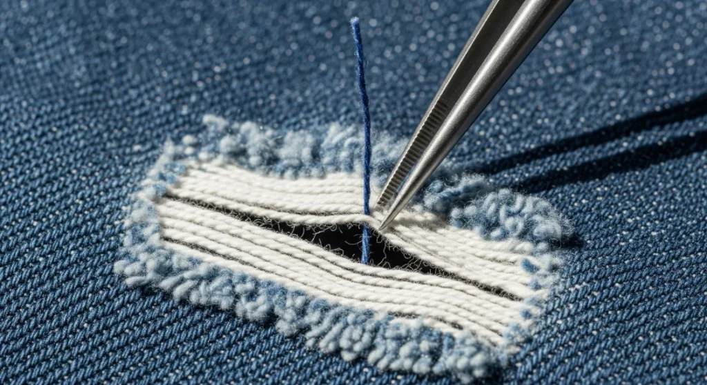 A macro shot of tweezers carefully removing a blue thread from a ripped jean, leaving the white horizontal threads exposed