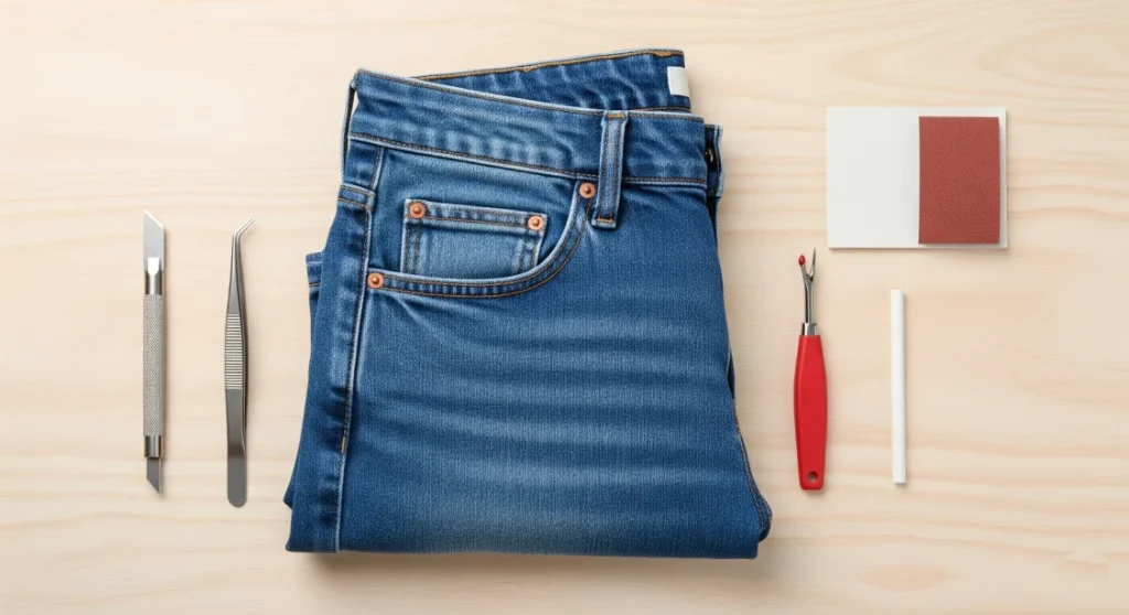 A flat lay of tools needed for a DIY ripped jeans project, including a craft knife, tweezers, and sandpaper next to a pair of blue jeans.